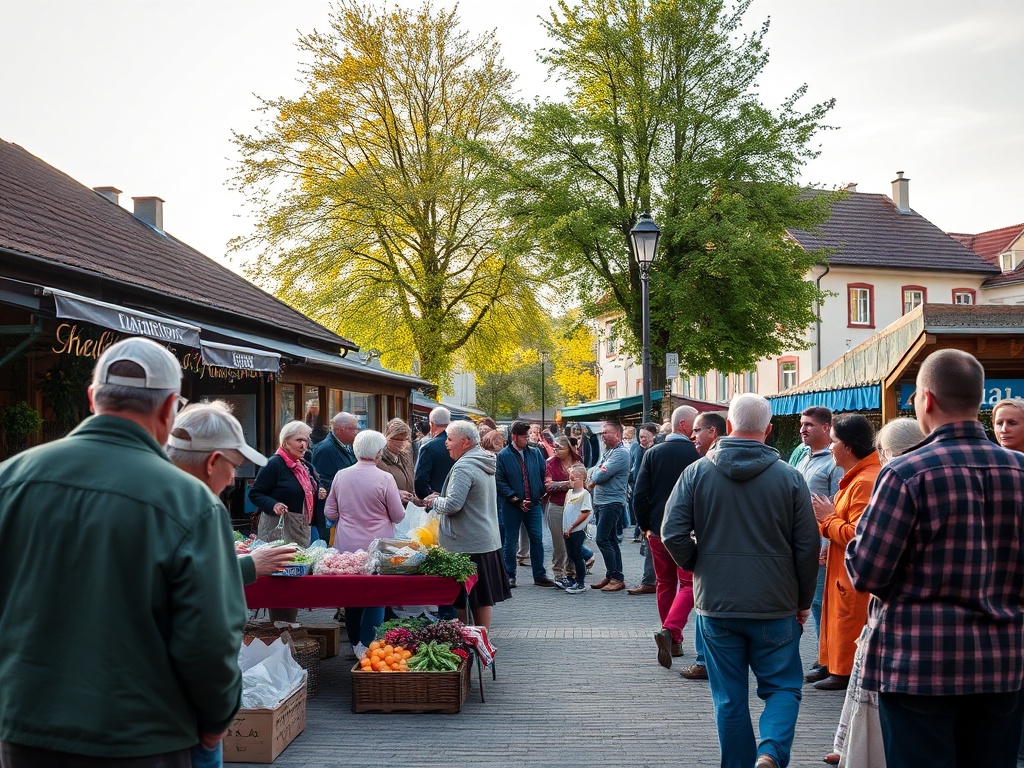 Ilustracja przedstawiająca radosną atmosferę majówki w Radziejowie, z elementami zieleni i lokalnych zabytków.